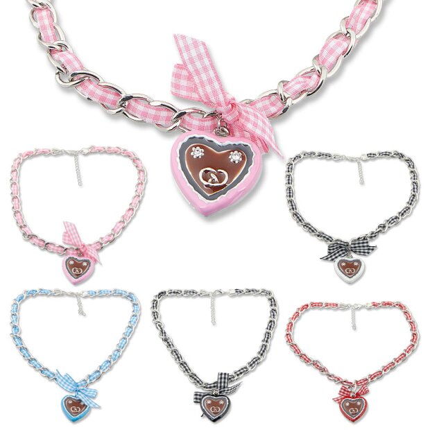 Bavarian style necklace with checkered ribbon with bow and heart pendant