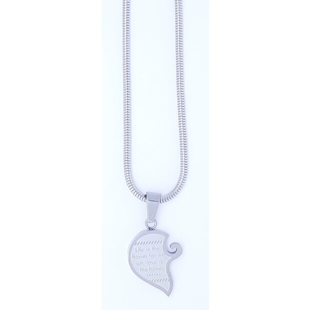 Stainless steel necklace with half heart pendant with motivation engraving, Tillberg design, for women