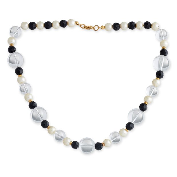 Glass bead chain for ladies by Venture, various bead size, golden colored chain closure, cream / clear / black